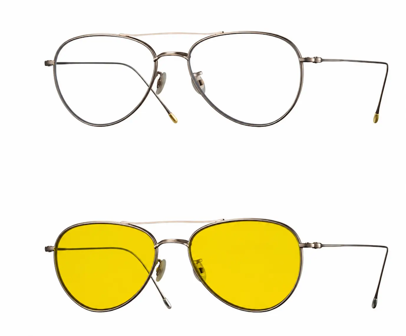Studio product image displaying two aviator-style eyewear variations on a light gray background, with a clear-lens optical frame above and a yellow-lens sunglass version below, highlighting delicate metal craftsmanship and streamlined proportion
