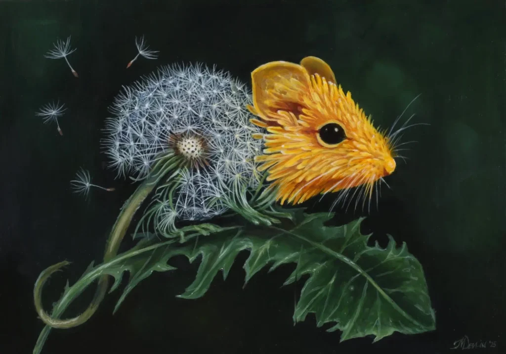 Whimsical nature-inspired artwork depicting a small mouse formed from golden flower petals and a dandelion seed head, perched on a leafy stem against a dark forest-green background with stray seeds