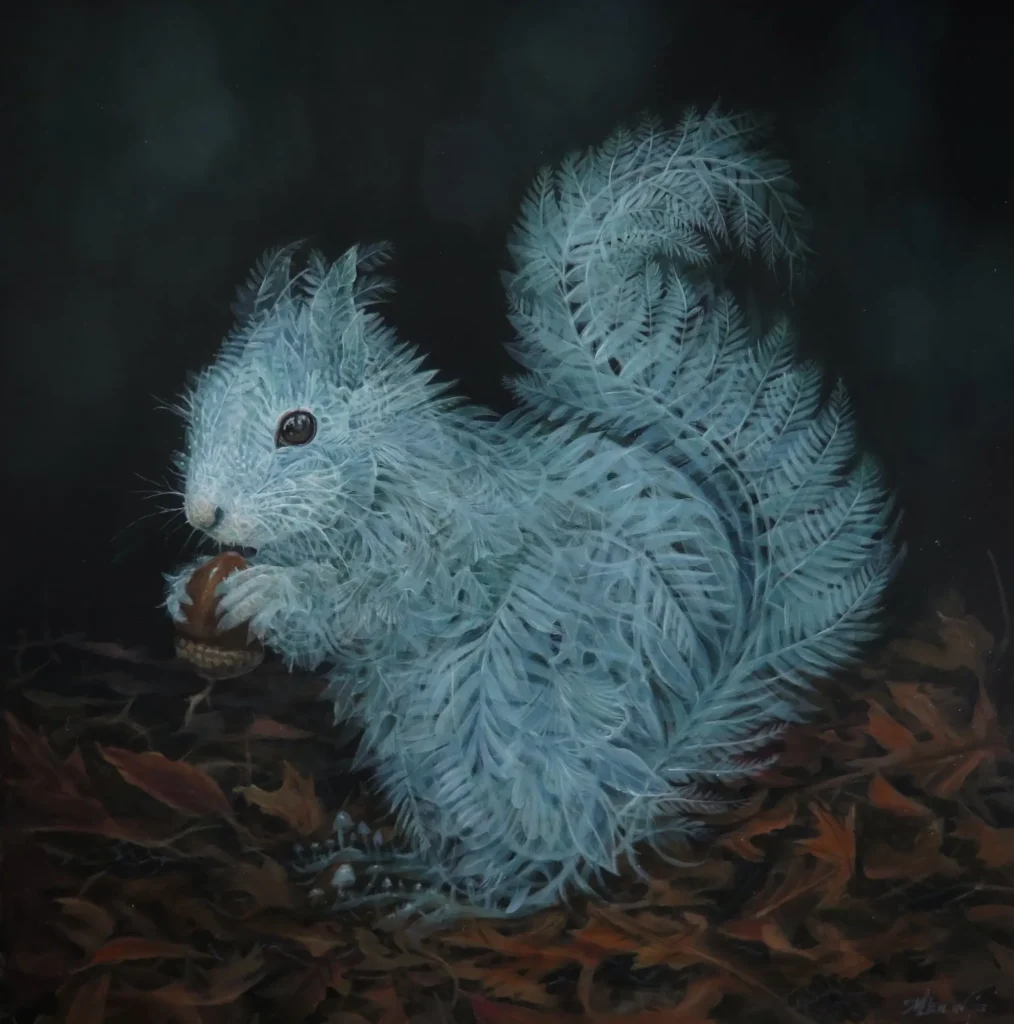 Fantasy-style painting of a delicate squirrel composed of frosted fern leaves, holding an acorn while resting among autumn foliage, set against a moody dark woodland backdrop