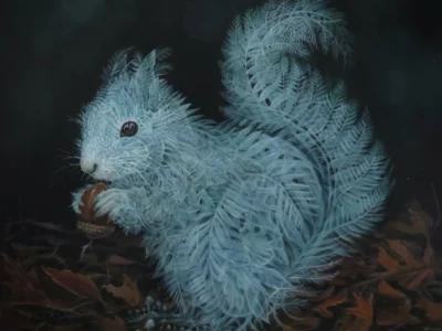 Fantasy-style painting of a delicate squirrel composed of frosted fern leaves, holding an acorn while resting among autumn foliage, set against a moody dark woodland backdrop