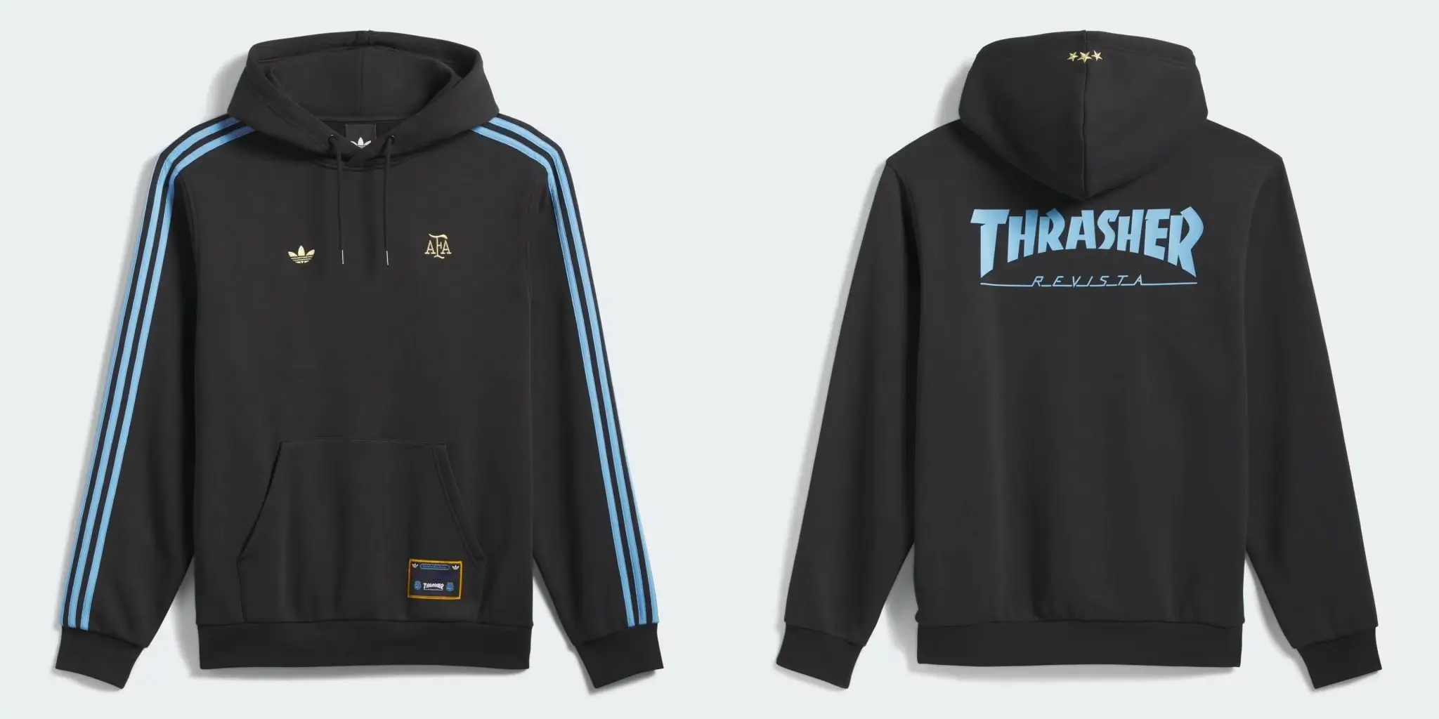 Black adidas Skateboarding hoodie with sky-blue Three Stripes, AFA crest embroidery, and oversized THRASHER Revista branding on the back
