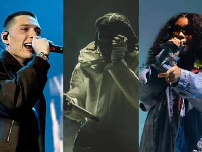 Collage of three live performance photos featuring Peso Pluma, Don Toliver, and SZA holding microphones on stage under dramatic concert lighting during a major arena show