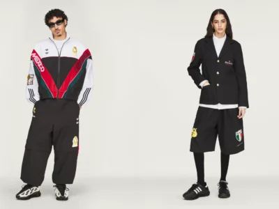 Models showcase the adidas Originals x Willy Chavarria collection, featuring a retro-inspired track jacket, oversized shorts, tailored blazer, and collaborative footwear against a clean studio backdrop