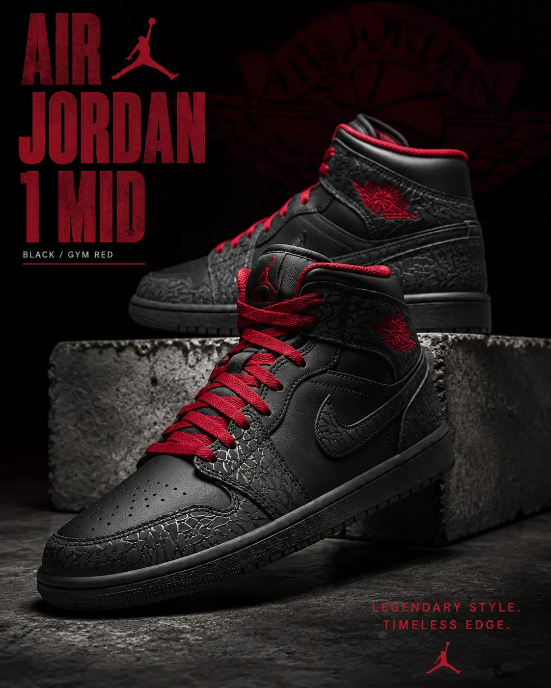 Promotional graphic of the Air Jordan 1 Mid in Black/Gym Red, showcasing black leather, elephant-print overlays, and crimson laces on textured concrete blocks against a dark background. Bold red "AIR JORDAN 1 MID" typography, subtle Wings branding, and cinematic lighting create a premium campaign show