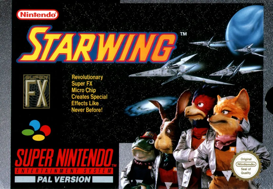 Box art for the original Super Nintendo release of Star Fox (titled Starwing in PAL regions), featuring Fox McCloud and his anthropomorphic squad standing in flight gear beneath a formation of Arwing starfighters soaring through deep space. A blue planet and star-filled galaxy backdrop emphasize the game's sci-fi adventure theme