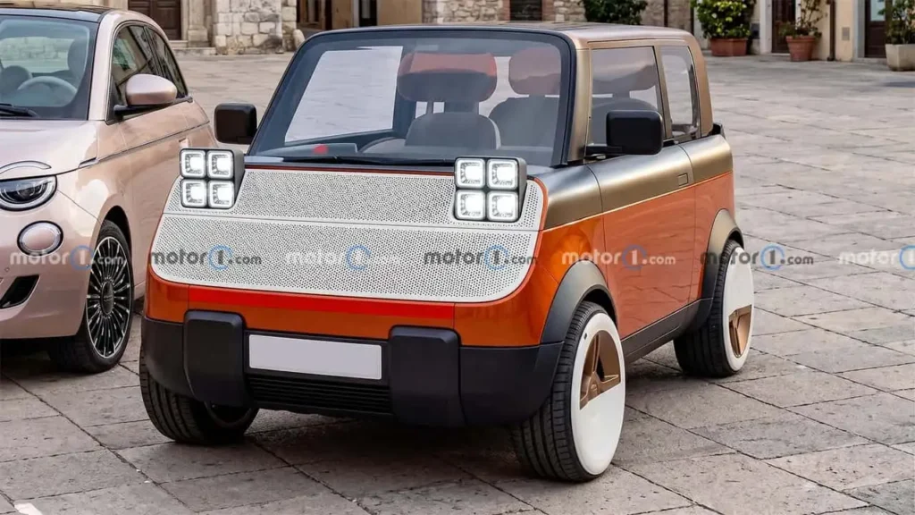 Orange and silver Fiat Pandina concept city car parked in a stone-paved plaza. The compact vehicle features upright proportions, exposed square LED headlights, oversized wheel covers, and a retro-futuristic design lang