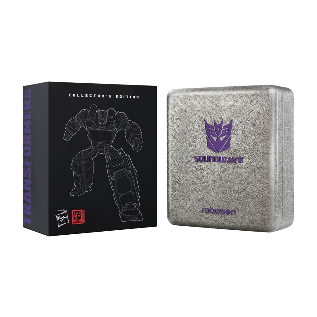 Premium Soundwave Collector’s Edition presentation box alongside a textured storage case embossed with the Decepticon insignia and Robosen branding in purple