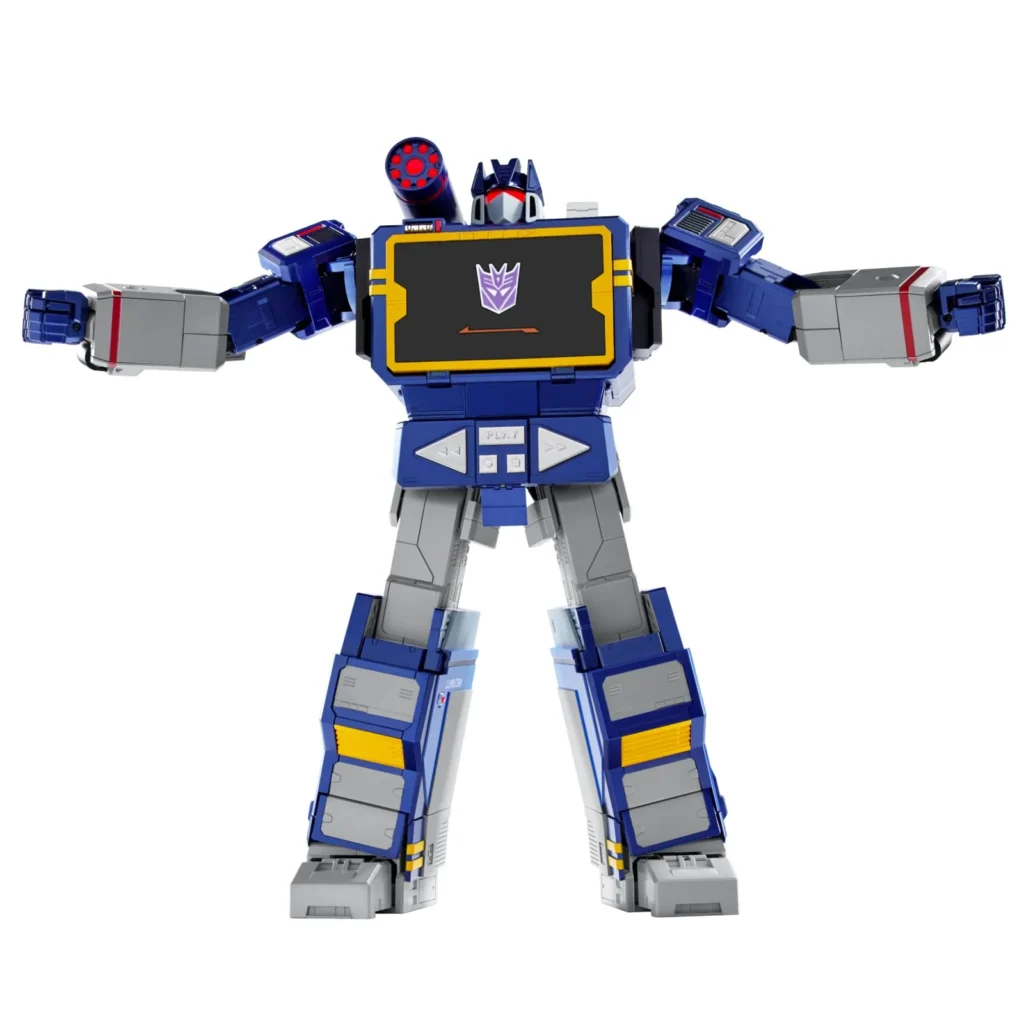 Soundwave robot posed with both arms extended outward, emphasizing articulation, broad shoulders, cassette-themed chest display, and retro-inspired design element