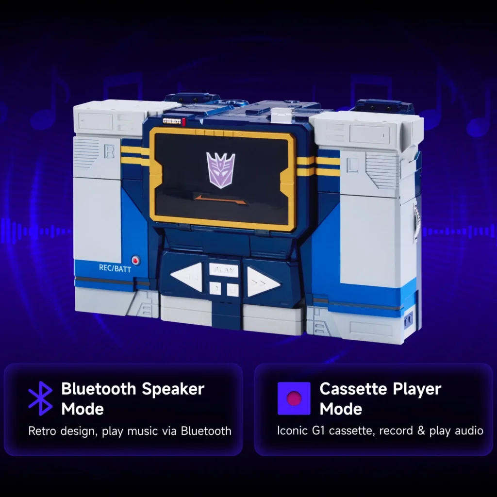 Soundwave cassette player mode shown against a digital music-themed background, highlighting Bluetooth speaker functionality and cassette player mode capable