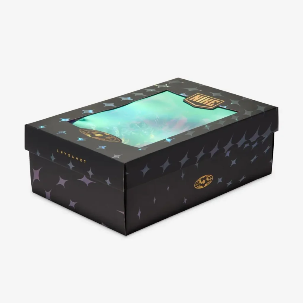 Special-edition Cryoshot packaging with a dark star-patterned exterior, iridescent display window, Nike branding, and premium collection presentation detail