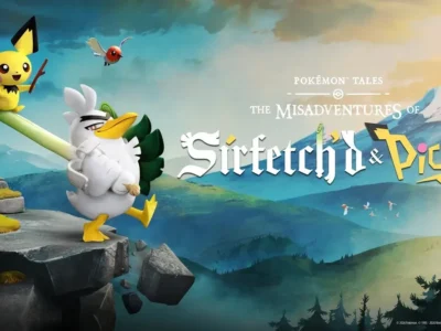 Promotional artwork for Pokémon Tales: The Misadventures of Sirfetch'd & Pichu featuring Sirfetch'd striding confidently across a rocky mountain cliff while Pichu balances on its oversized leek like a seesaw. A small red bird Pokémon flies overhead, with distant birds, evergreen forests, and snow-capped peaks stretching across a dramatic landscape under a glowing sky. The title appears prominently in stylized lettering on the right side of the image