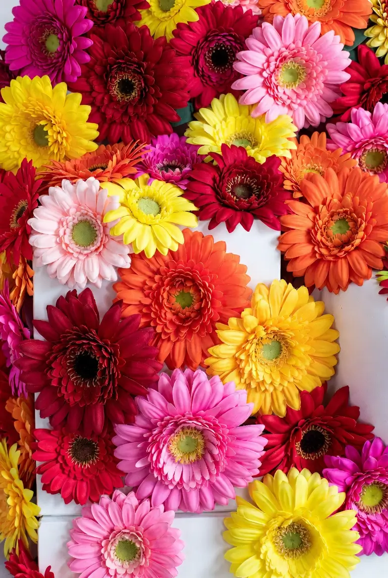 Close-up arrangement of vibrant gerbera daisies in shades of pink, red, orange, and yellow, layered across a white surface to create a colorful floral mosaic filled with texture and depth