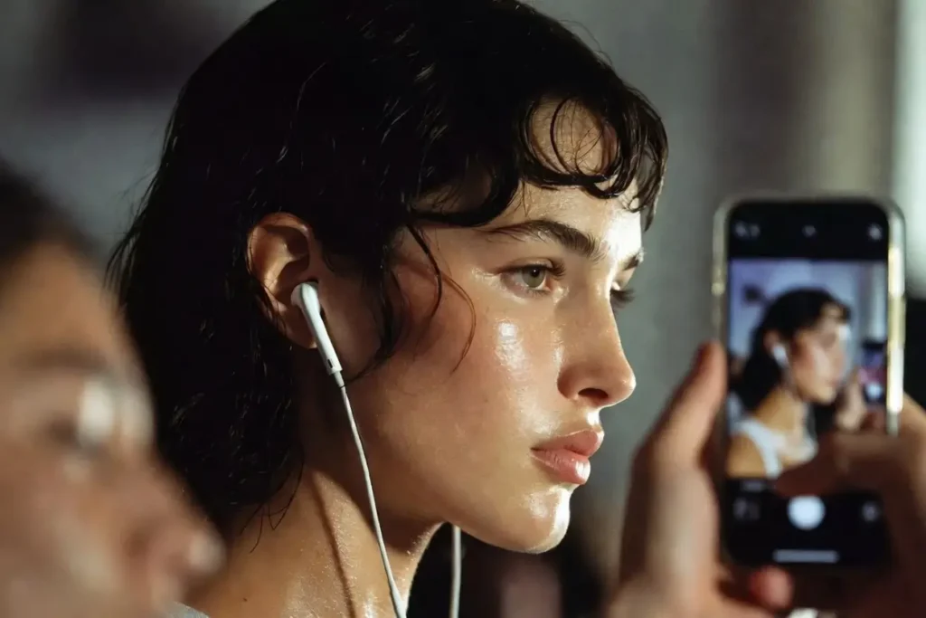 One earbud in, cord on full display. The wired It Girl aesthetic is the ultimate summer move — cool, connected, and effortlessly stylish