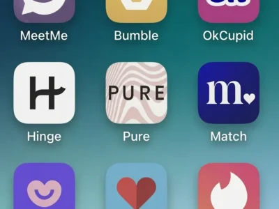 A smartphone screen displays a grid of popular dating app icons, including MeetMe, Bumble, OkCupid, Hinge, Pure, Match, Badoo, Zoosk, and Tinder, arranged in three rows against a blue-green gradient background, illustrating the modern online dating landscape