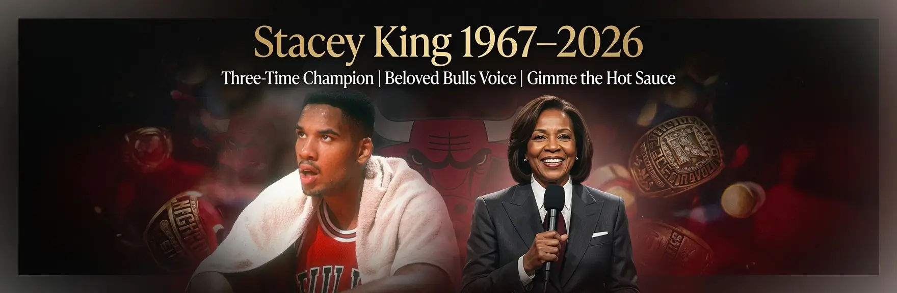 Memorial tribute graphic featuring a former Chicago Bulls player and longtime broadcaster, with championship rings, Bulls imagery, and commemorative text honoring a celebrated basketball career and broadcasting legacy