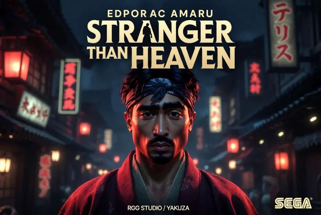 Promotional artwork for Stranger Than Heaven featuring a stylized portrait of a man wearing a dark bandana and traditional-inspired clothing, standing in the center of a neon-lit Japanese street at night. Warm red lanterns and glowing shop signs illuminate the scene, creating a cinematic atmosphere. The game title appears prominently above the character, while RGG Studio and SEGA branding are displayed along the bottom edge