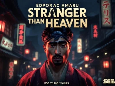 Promotional artwork for Stranger Than Heaven featuring a stylized portrait of a man wearing a dark bandana and traditional-inspired clothing, standing in the center of a neon-lit Japanese street at night. Warm red lanterns and glowing shop signs illuminate the scene, creating a cinematic atmosphere. The game title appears prominently above the character, while RGG Studio and SEGA branding are displayed along the bottom edge