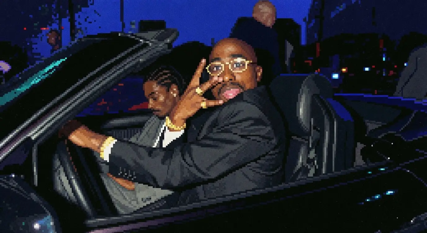 Pixelated promotional image showing a man wearing glasses and a dark suit seated in a black convertible at night, making a hand gesture toward the camera. Another passenger sits beside him as blue neon lighting and blurred city surroundings create a cinematic, late-night atmosphere reminiscent of a video game cutscene