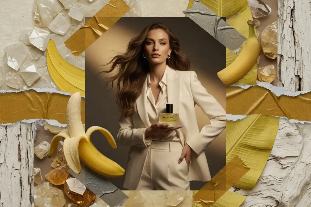 Editorial fragrance campaign collage featuring a model in a cream tailored suit holding a perfume bottle, surrounded by bananas, translucent crystals, textured paper, and layered mixed-media elements in warm yellow tones