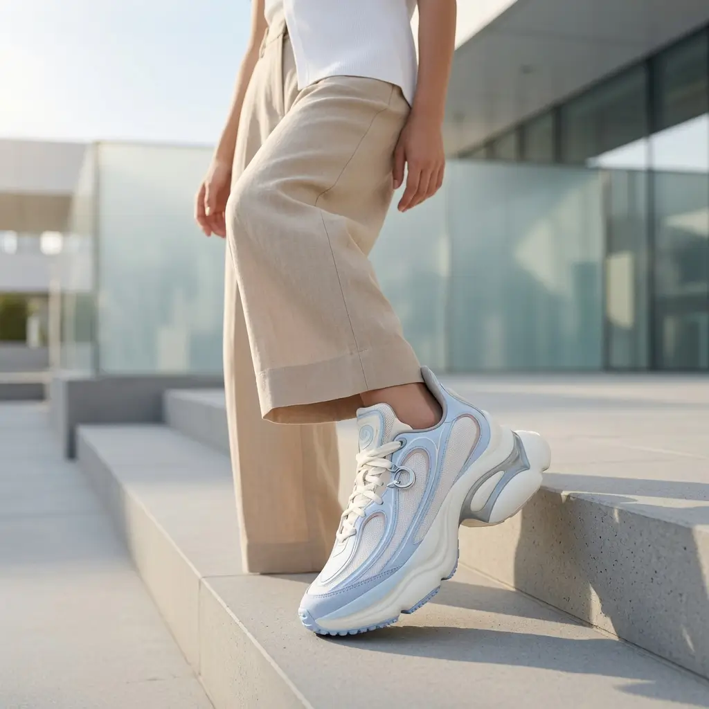 Lifestyle image of the adidas Originals OZVENUZ "Crystal Sky" sneaker worn with cropped beige trousers on modern concrete steps. The pastel blue and white chunky silhouette stands out against a minimalist architectural backdrop, highlighting its oversized sculpted sole and fashion-forward proportion