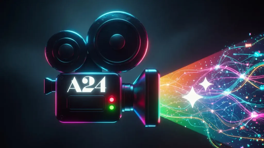 A futuristic neon-lit film camera bearing the A24 logo projects a vibrant beam of multicolored light across a dark background. Flowing through the projection are glowing strands of digital energy in pink, blue, green, and purple, intertwined with sparkling particles and star-like shapes. The image blends classic cinema symbolism with artificial intelligence-inspired visuals, creating a sleek, high-tech aesthetic