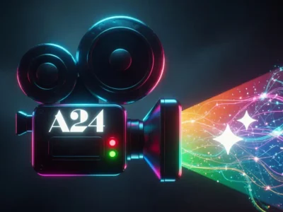 A futuristic neon-lit film camera bearing the A24 logo projects a vibrant beam of multicolored light across a dark background. Flowing through the projection are glowing strands of digital energy in pink, blue, green, and purple, intertwined with sparkling particles and star-like shapes. The image blends classic cinema symbolism with artificial intelligence-inspired visuals, creating a sleek, high-tech aesthetic