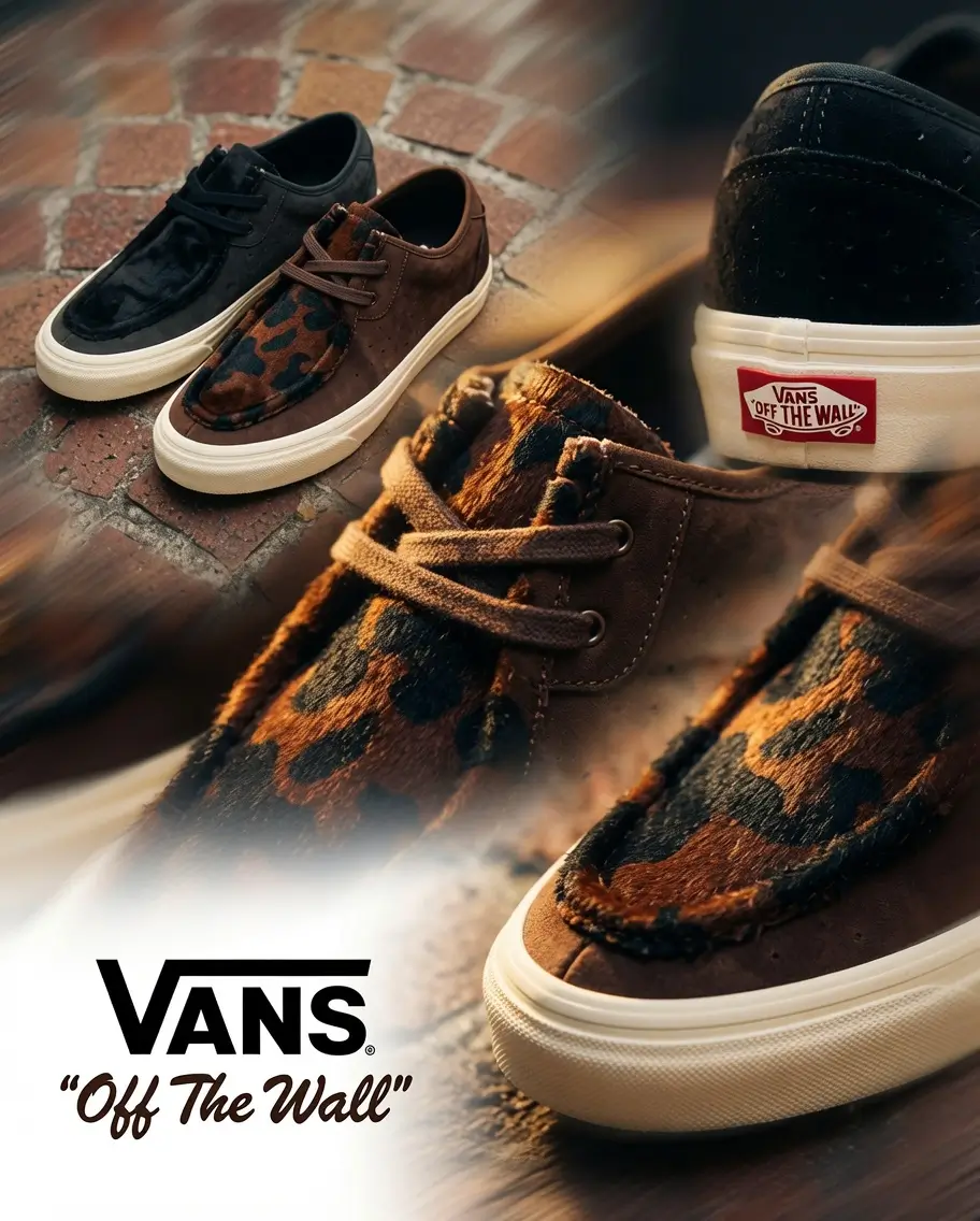 Promotional image showcasing the Vans Premium SF MOC LOW in black and brown colorways. Multiple close-up views highlight the moc-toe construction, premium leather and pony-hair materials, tonal laces, and vintage off-white midsoles. The composition features the iconic Vans “Off The Wall” heel badge and bold Vans branding, emphasizing craftsmanship, texture, and elevated streetwear style