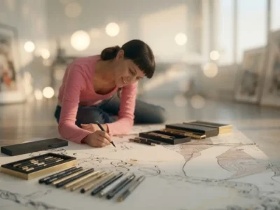 A smiling artist wearing a pink long-sleeve shirt kneels on the floor of a bright, modern studio while sketching a large illustration spread across oversized paper. Fine-liner pens, marker sets, and drawing tools are neatly arranged in the foreground, with framed artwork leaning against the walls and warm, soft bokeh lighting creating a calm, creative atmosphere
