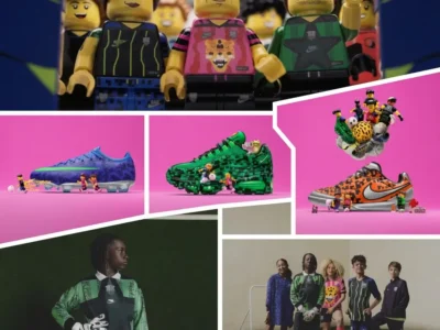 Collage showcasing the Nike Football x LEGO® Collection featuring LEGO minifigures wearing football kits, LEGO-inspired Nike football boots, an Air Max 95 sneaker with brick-pattern graphics, a goalkeeper jersey, and young athletes modeling the collection on a football pitch