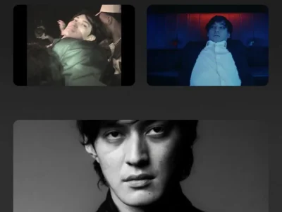 Collage featuring three moody portraits of musician Joji. The top-left image shows him looking back through a crowded, dimly lit venue with a grainy camcorder aesthetic. The top-right frame captures him reclining in a booth under deep blue and red lighting, dressed in a dark blazer and white shirt. The larger black-and-white portrait below presents a close-up of Joji’s face with a calm, introspective expression, emphasizing the melancholic and cinematic atmosphere associated with his music and view style