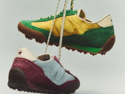 Basketcase x New Balance Gator Run “The Alternates” collaboration featuring the vibrant yellow-and-green “Hacky” colorway and the wine-and-blue “Maiden” edition, suspended by braided laces to highlight their football-inspired design, premium suede overlays, retro runner silhouette, and rugged gum outsole