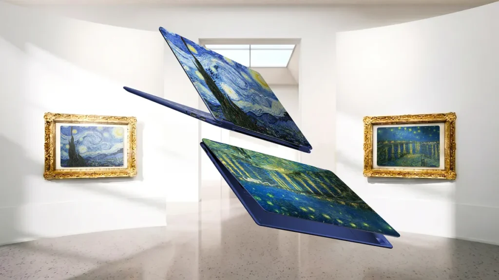 MSI Prestige 14 Flip AI+ Vincent van Gogh Edition laptop floating in a gallery-inspired setting, featuring artwork inspired by The Starry Night and Starry Night Over the Rhône across its convertible chassis, displayed between framed Van Gogh painting