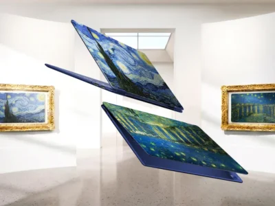 MSI Prestige 14 Flip AI+ Vincent van Gogh Edition laptop floating in a gallery-inspired setting, featuring artwork inspired by The Starry Night and Starry Night Over the Rhône across its convertible chassis, displayed between framed Van Gogh painting