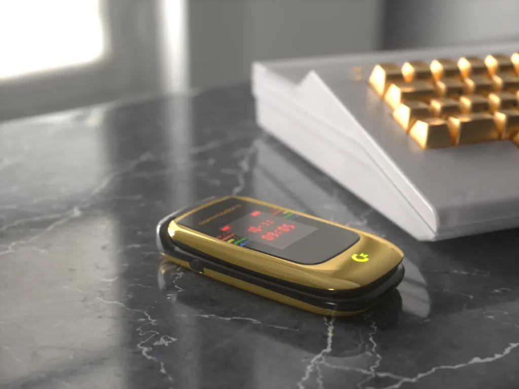 A metallic gold Commodore flip phone rests closed on a polished black marble desktop beside a custom mechanical keyboard with gold keycaps. The external display glows with red LED-style digits and rainbow stripes, emphasizing the luxury finish against a minimalist workspace