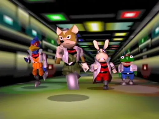 Character lineup from an early Star Fox game showing Fox McCloud leading Falco Lombardi, Peppy Hare, and Slippy Toad through a brightly lit spaceship corridor. The colorful, low-polygon graphics capture the distinctive view style of the Nintendo 64 era