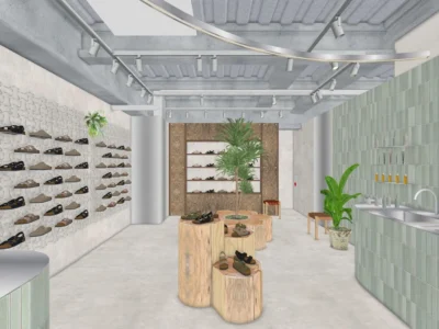 The Birkenstock Shibuya Concept Store features a minimalist interior inspired by the brand’s iconic footbed. Natural wood, soft green tiles, textured walls, and lush greenery create a calming retail environment that blends German craftsmanship with Shibuya’s modern design culture