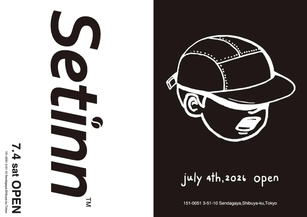 Min Setinn opening poster featuring the brand logo, illustrated mascot, and Tokyo store opening announcement in a clean black-and-white layout
