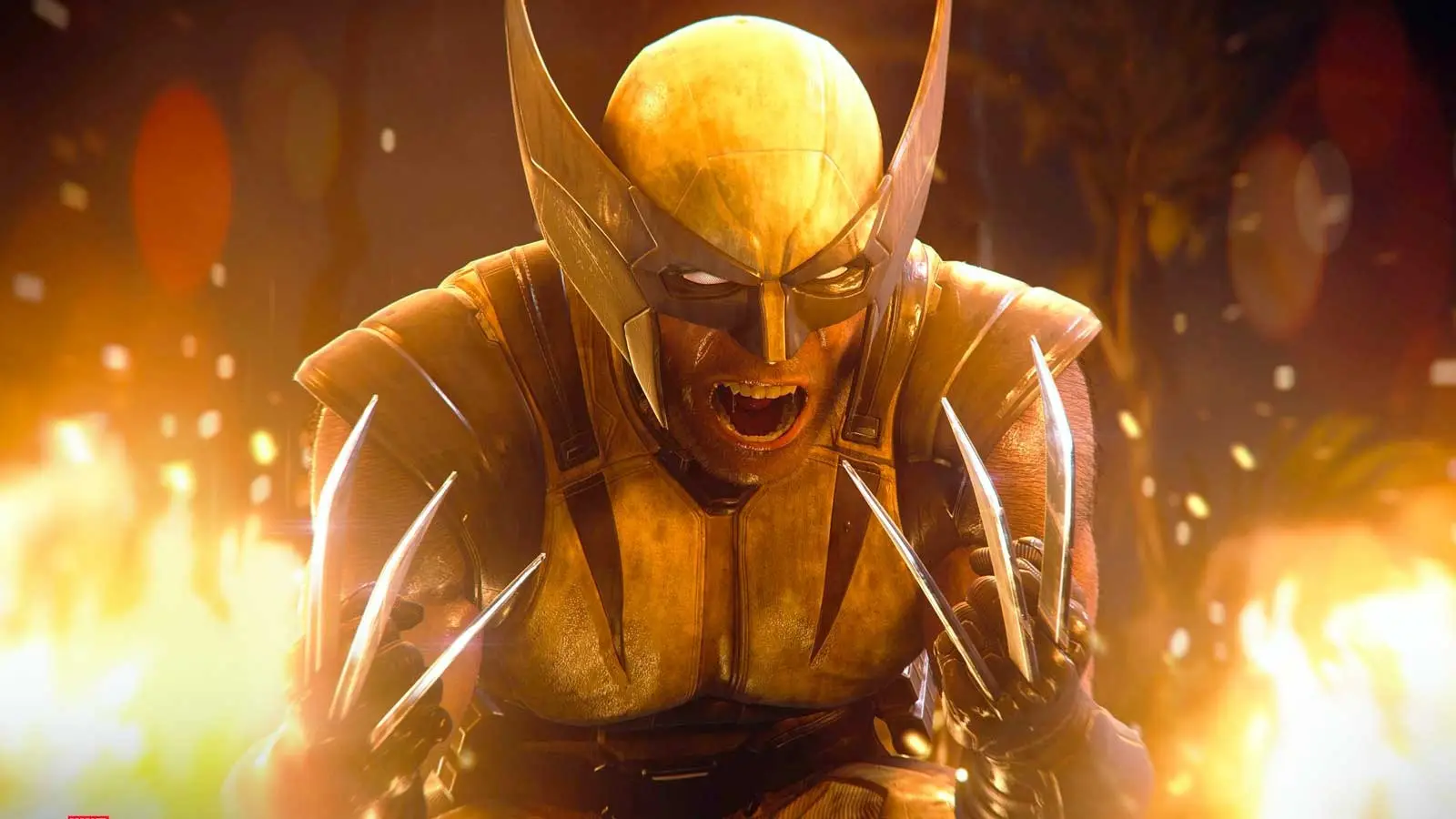 Close-up action shot of Wolverine roaring with adamantium claws extended as flames erupt around him, highlighting his iconic yellow-and-blue suit in Marvel’s Wolverine for PlayStation 5
