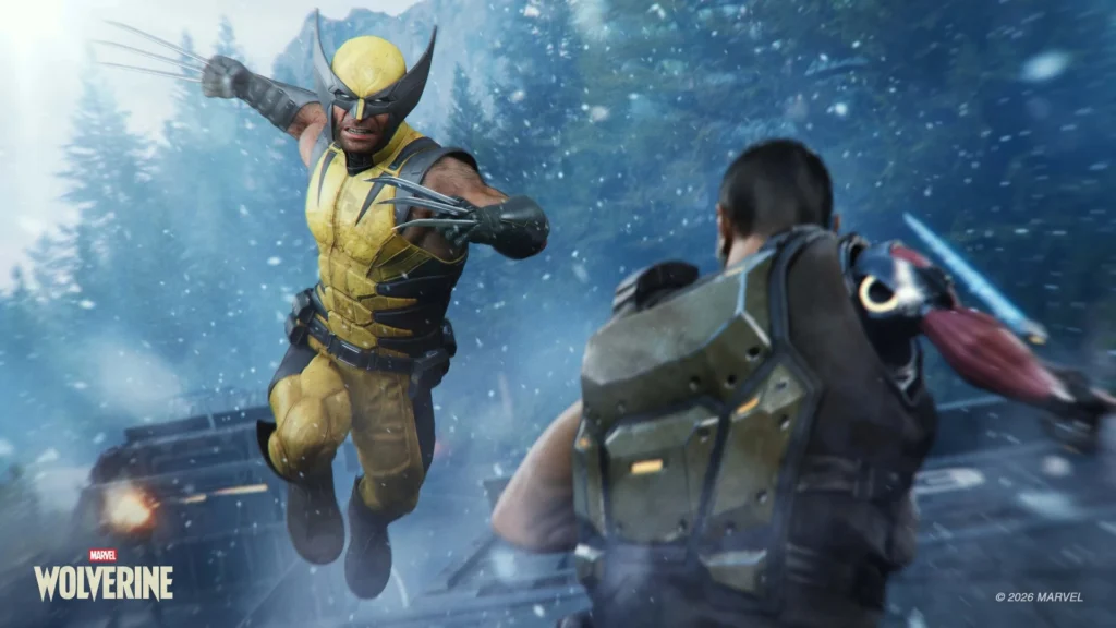 Wolverine lunges toward an armored enemy in Marvel’s Wolverine, extending his adamantium claws while wearing his iconic yellow-and-blue suit amid a snowy forest battlefield