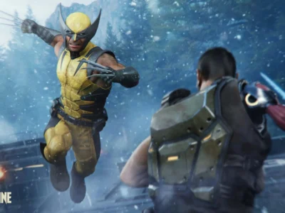 Wolverine lunges toward an armored enemy in Marvel’s Wolverine, extending his adamantium claws while wearing his iconic yellow-and-blue suit amid a snowy forest battlefield