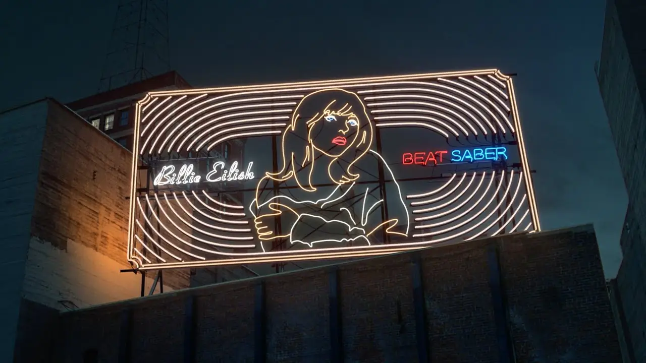 Billie Eilish Beat Saber rooftop neon billboard