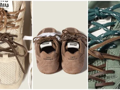 Triptych campaign image showcasing the Miu Miu x New Balance 530 SL collaboration. Close-up views highlight textured suede and mesh uppers, layered leather laces, and hiking-inspired rope laces in earthy cream, brown, and sage green colorways. The center panel reveals the sneaker heels with subtle New Balance branding, emphasizing the collection’s handcrafted aesthetic and luxury reinterpretation of a classic running silhouette