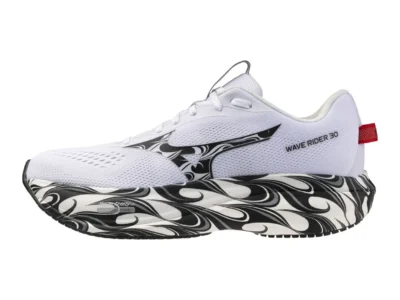 Side profile of the Mizuno Wave Rider 30 “Ride the Wave” running shoe featuring a white engineered mesh upper, black-and-white marbled Wave logo, and swirling anniversary midsole graphics inspired by flowing water
