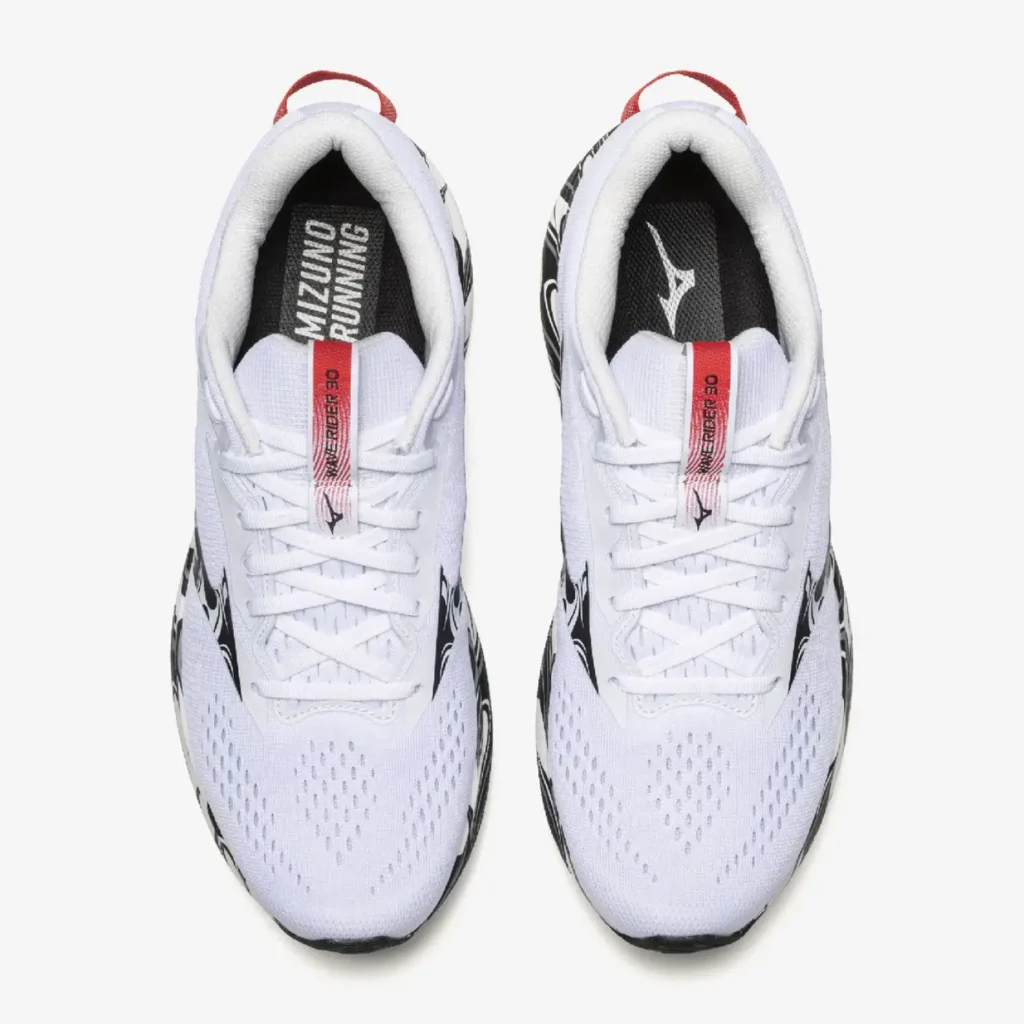 Top-down view of the Mizuno Wave Rider 30 “Ride the Wave” highlighting its breathable white mesh upper, cushioned collar, white laces, and red tongue tab marked with Wave Rider 30 brand