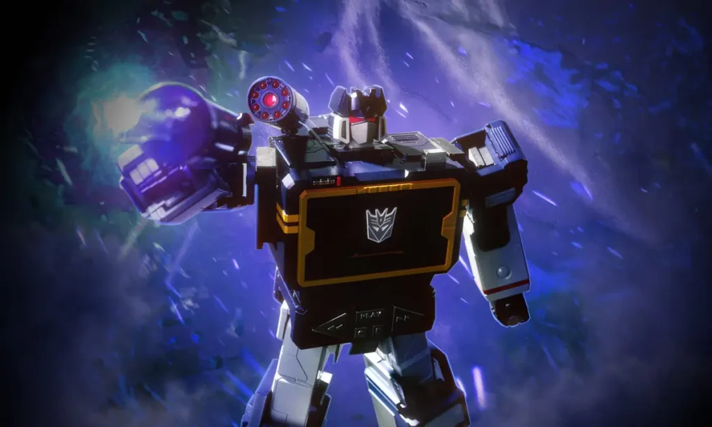 Dynamic promotional artwork of Soundwave in action, aiming an arm-mounted weapon amid dramatic lighting effects, energy bursts, and a futuristic sci-fi backdrop