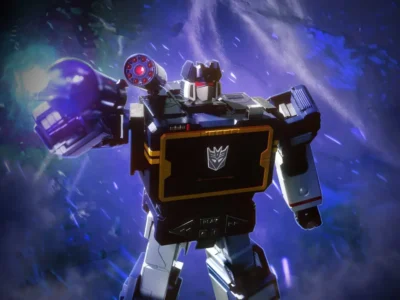 Dynamic promotional artwork of Soundwave in action, aiming an arm-mounted weapon amid dramatic lighting effects, energy bursts, and a futuristic sci-fi backdrop