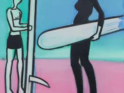 Contemporary painting depicting two anthropomorphic cat-like figures at the shoreline, rendered in a minimalist cartoon style. One figure stands beside a surfboard in shallow water, while another dressed in a black wetsuit carries a long white surfboard. The scene is set against a pastel turquoise-blue sky and pink beach landscape, with loose brushwork and expressive black outlines creating a play, surreal coastal atmosphere