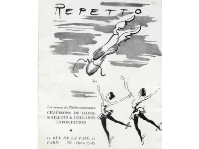 Vintage 1952 Repetto advertisement featuring illustrated ballet dancers and dance shoes promoting the Paris-based ballet shoe specialist