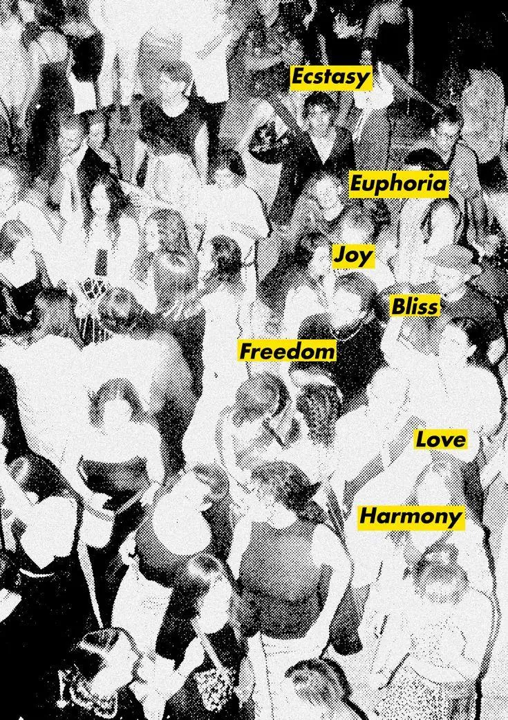 High-contrast monochrome overhead view of a crowded dance floor with yellow labels highlighting emotions including ecstasy, euphoria, joy, bliss, freedom, love, and harmony