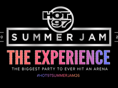 HOT 97 Summer Jam 2026 promotional graphic featuring the iconic HOT 97 logo above bold metallic lettering reading “Summer Jam: The Experience,” with the tagline “The Biggest Party to Ever Hit an Arena” and the hashtag #HOT97SUMMERJAM26 against a black background